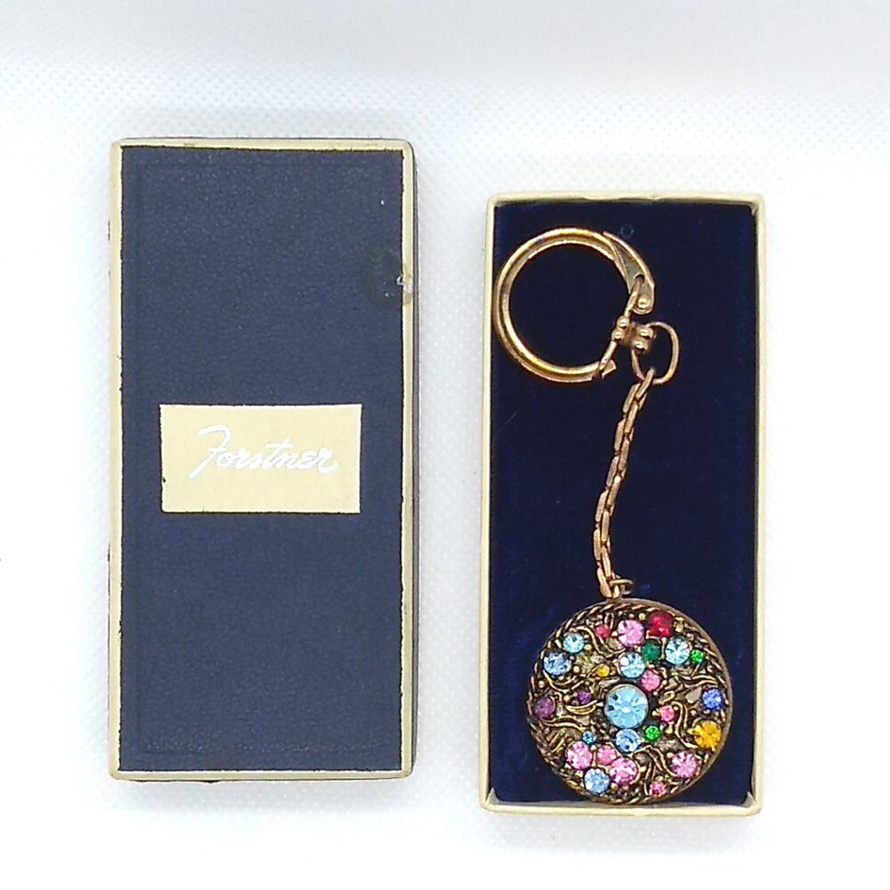 Forstner Vintage Goldtone Keychain Colorful Rhinestone Crystals in Original Box